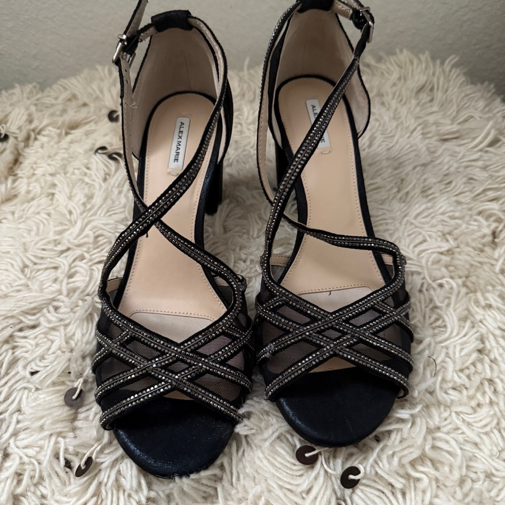 ALEX MARIE Hashleigh Women's Black & Rhinestone Strappy Heels Dressy Shoes
